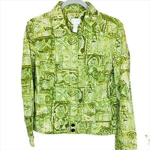 Chico's Jacket Green White Tribal Fish Print Chico Size 1 = Medium 8 Art to Wear